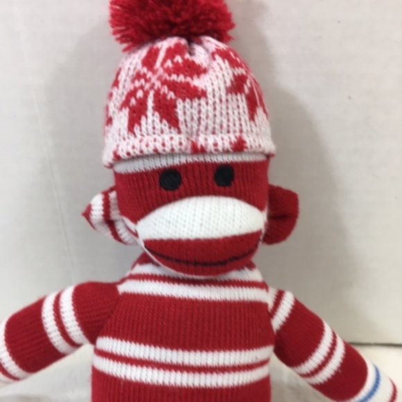 Plushland Red White Striped Winter Sock Knit Monkey 12" - Picture 2 of 11